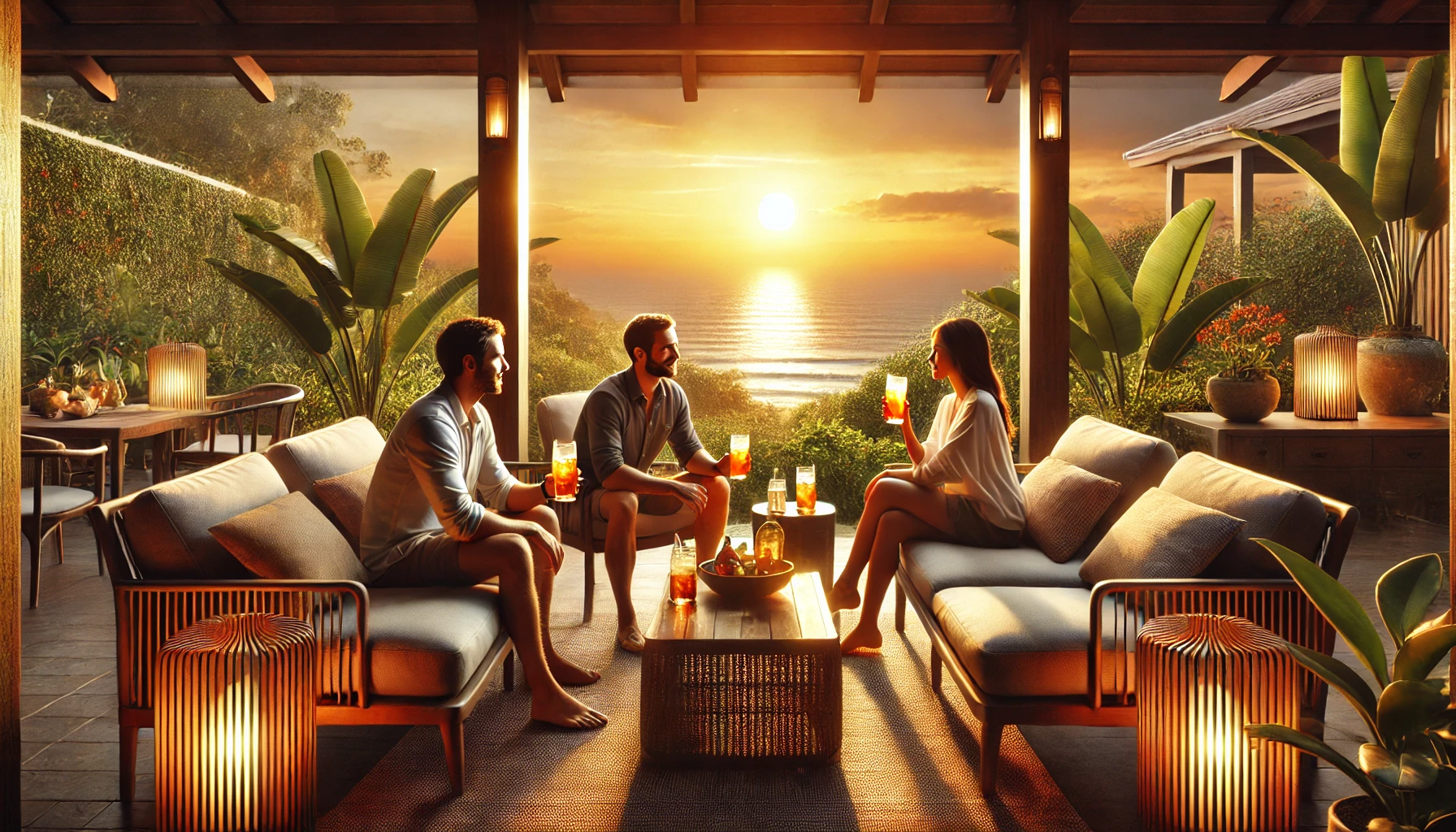 3 persons enjoying a drink with the sunset in the background of their luxurious living room space