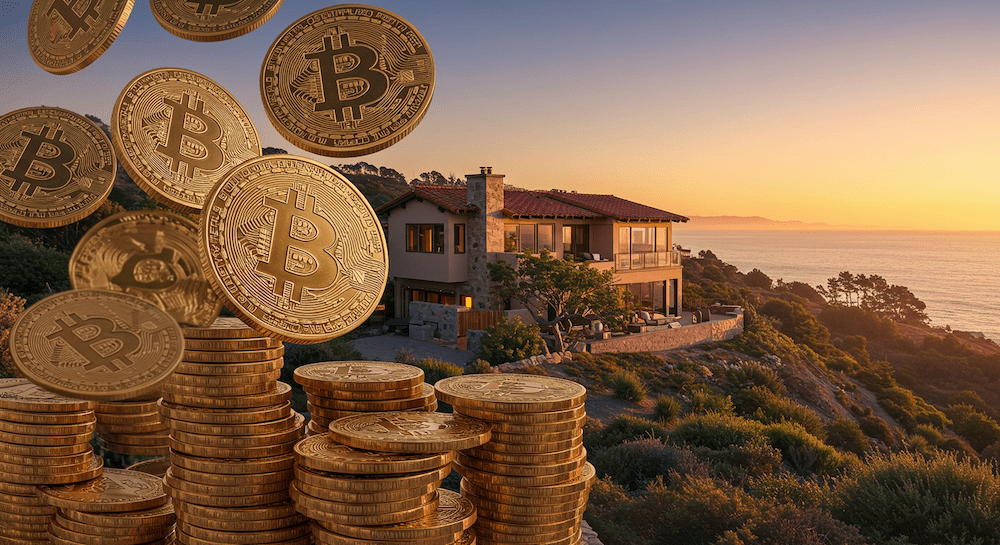 Luxury home on a hillside with golden crypto currency displayed in the foreground