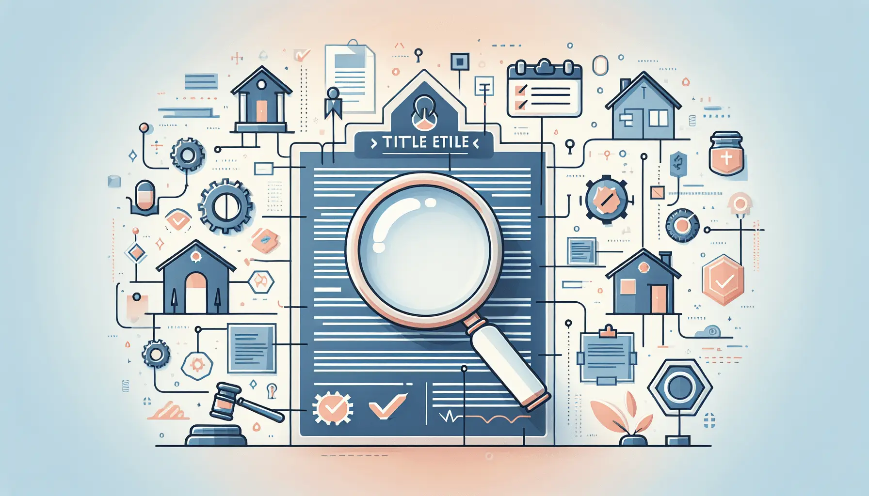 A visual representation of a property title search and verification process, showcasing key elements like title insurance and property inspections.