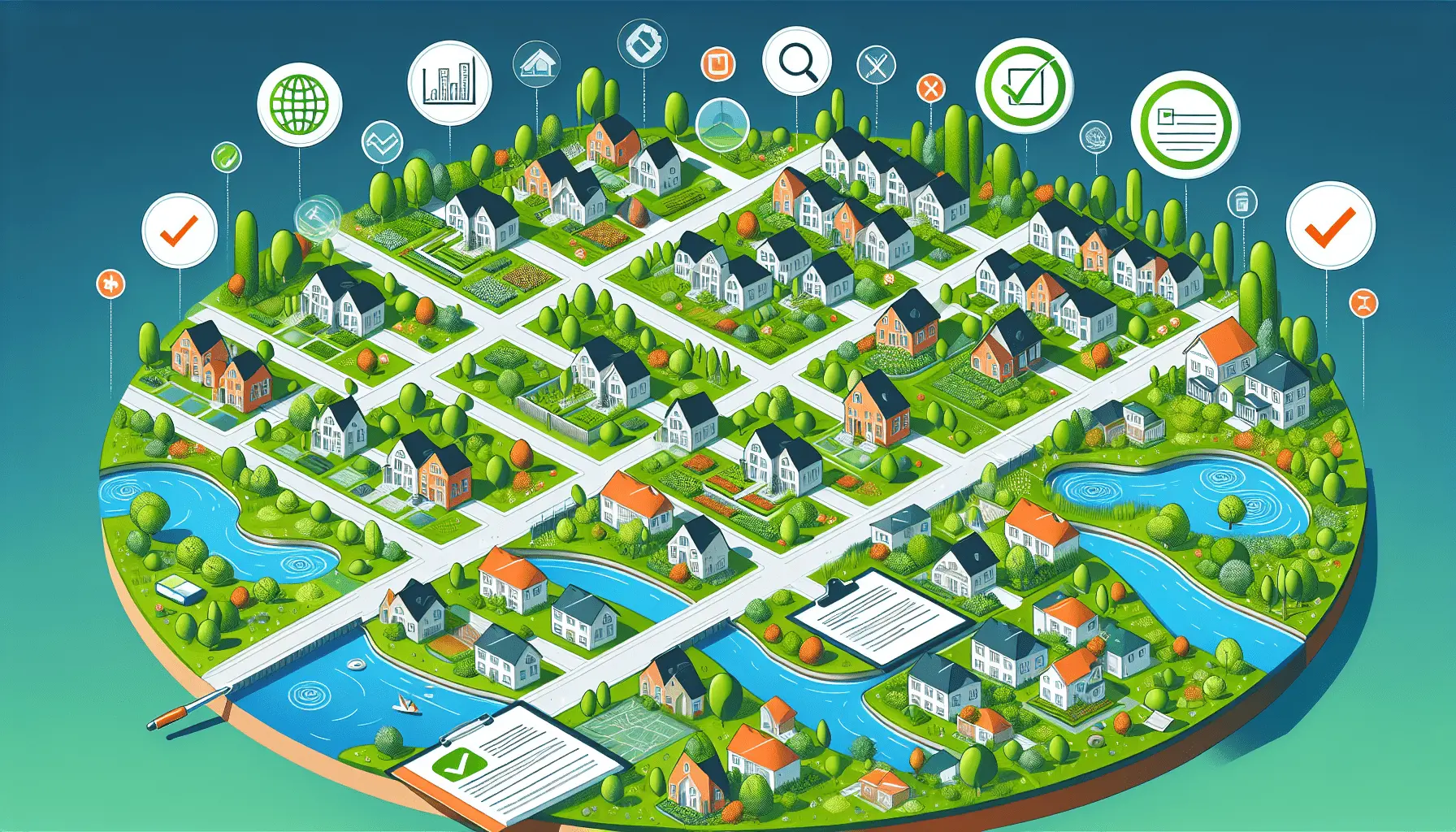 An illustration showing environmental and zoning regulations affecting property transactions, including local regulations and property boundaries.