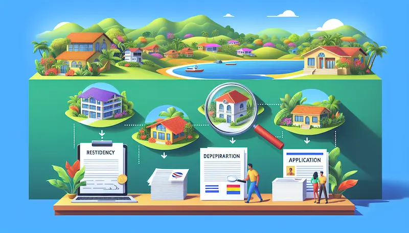 An illustration depicting the steps to obtain residency through real estate in Costa Rica, including property search and application submission.