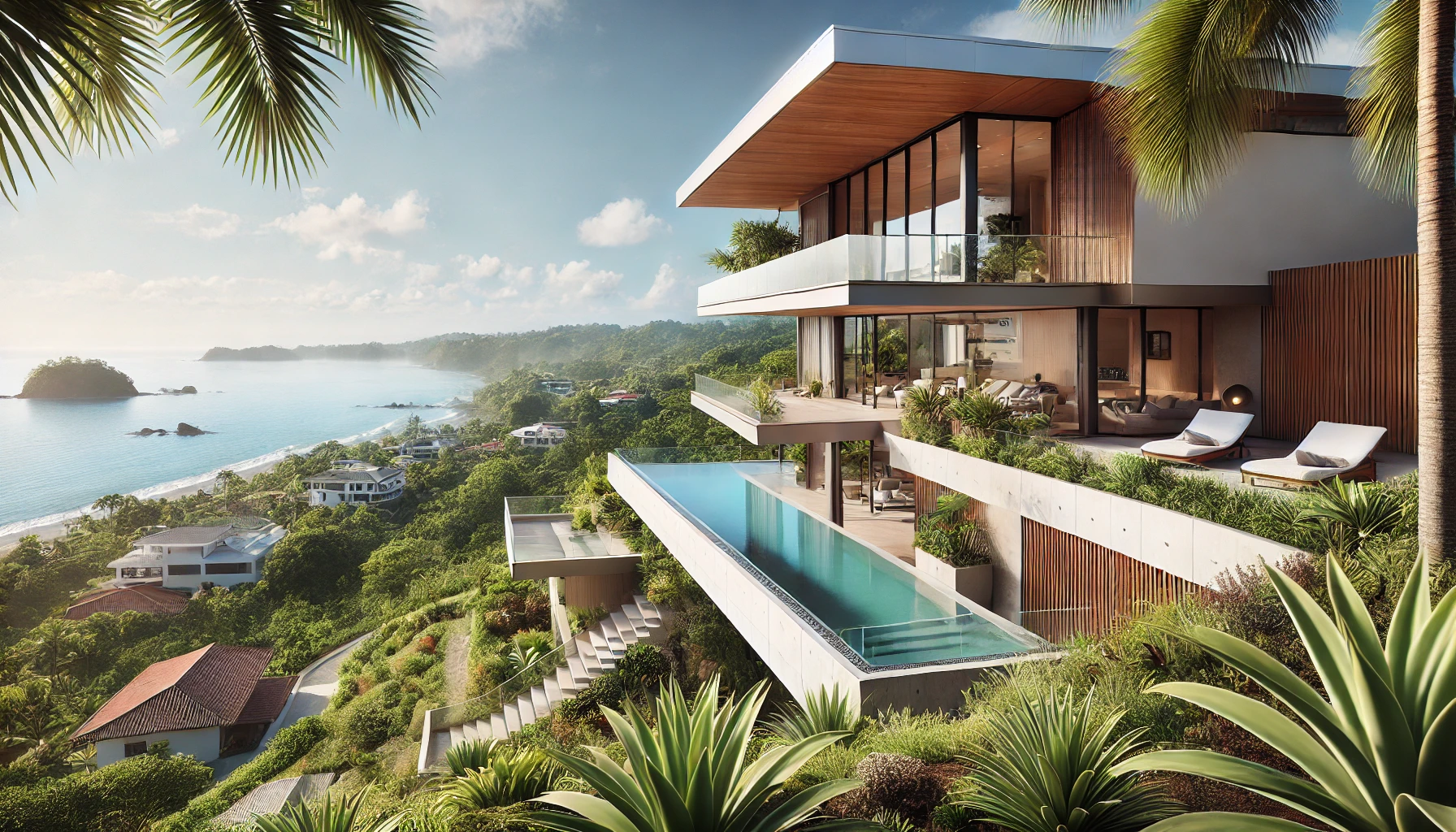 Representation of a luxury home overlooking the ocean in the community of Pacifico in Costa Rica. The home has an infinit edge lap pool and terraces from where the residents can view the sunset.